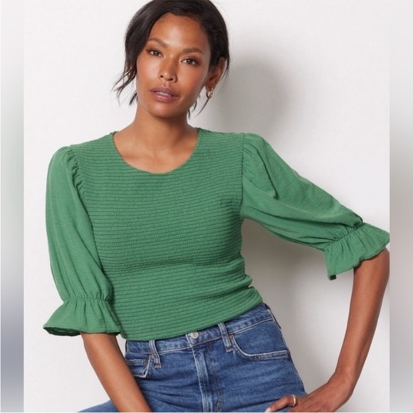 NATION LTD Bardot Gathered Sleeve Tee In Fern Green Smocked Size Small - Picture 1 of 8